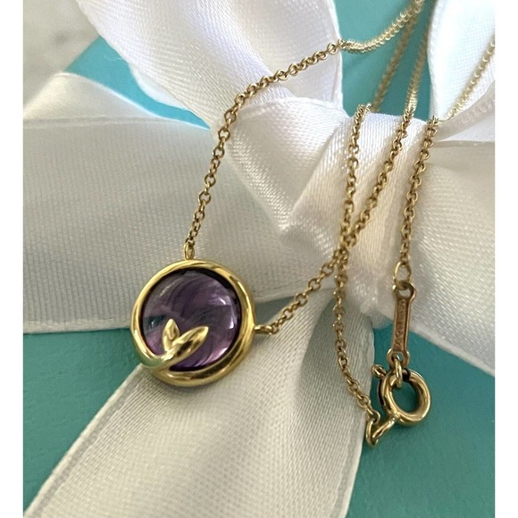 Tiffany & Co Paloma Picasso 18k Gold Purple Amethyst Olive Leaf Pendant Necklace - Picture 1 of 13